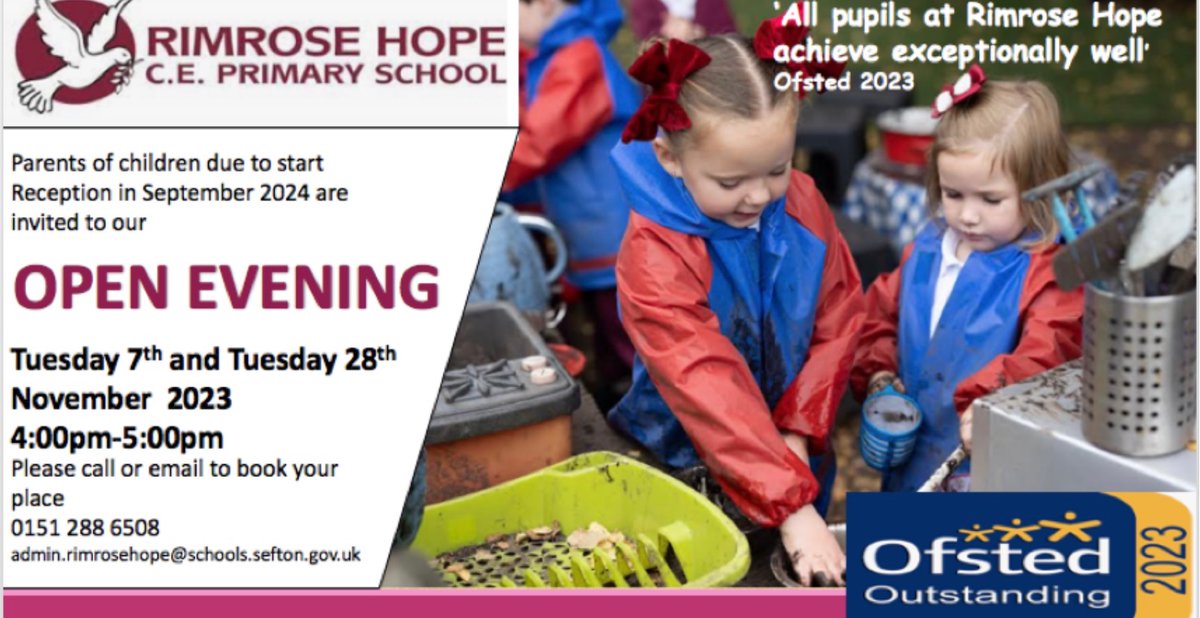 Open Evening 
Come and see our OUTSTANDING Early Years Provision for 2,3, 4 and 5 year olds. Tuesday 28th November 4:00-5:00pm. Call to book a place 01512886508
