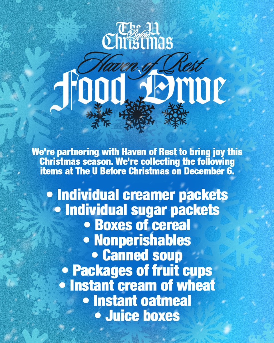 theuohio's tweet photo. We’re also collecting items for our Haven of Rest Food Drive next week. See the graphic for details.

Wear your ugly sweater and come ready to celebrate all God’s done in 2023 with us. It’s our last U of the year, so you won’t want to miss it. Bring a friend! 🙌🏽 https://t.co/thhIOfgLb0