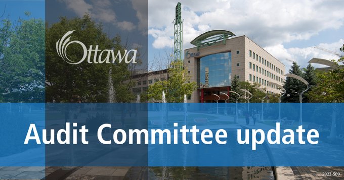 A graphic with Ottawa City Hall is in the background. A vertical grey stripe and a horizontal blue stripe are in the foreground with " Audit Committee update" in the centre.