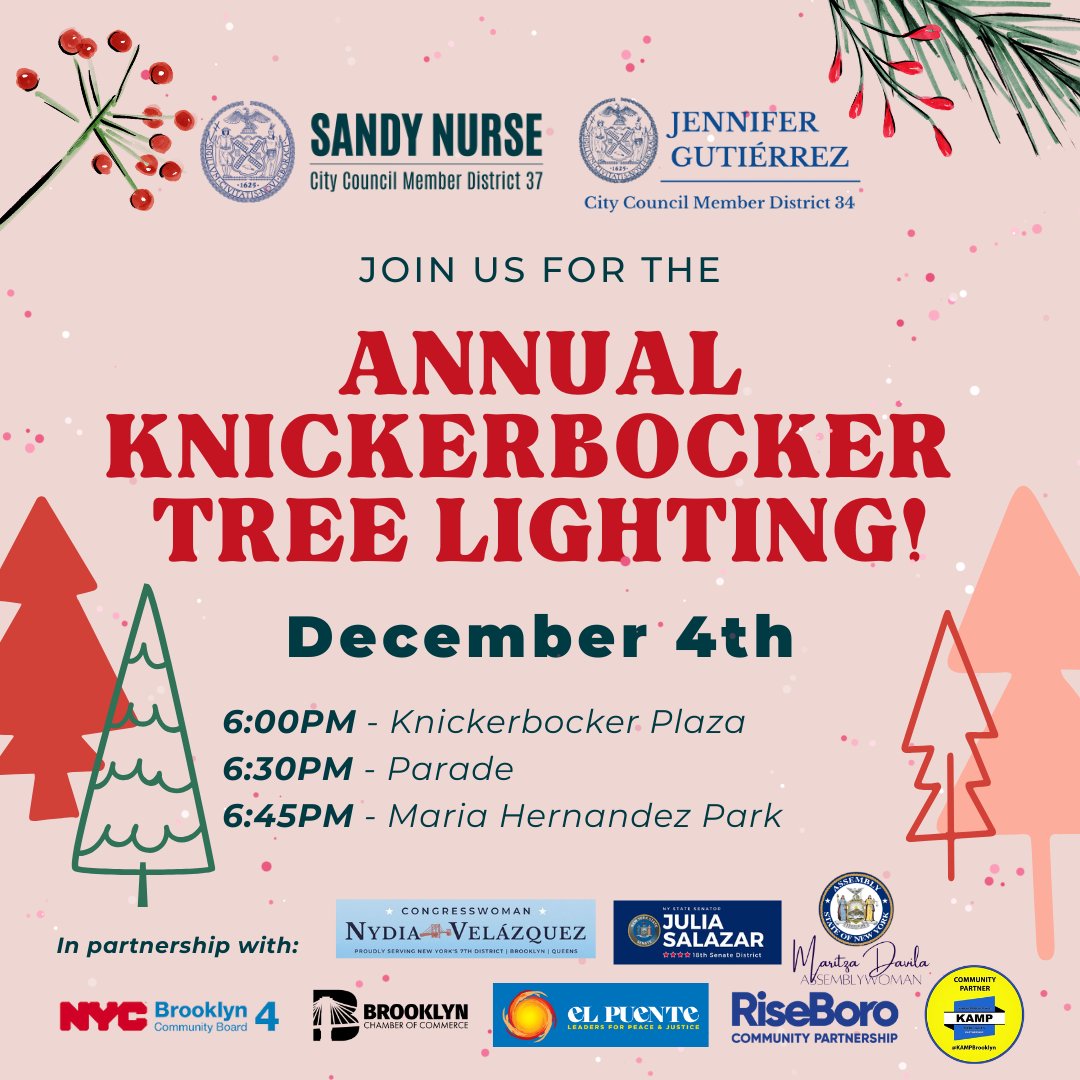 Everyone's invited to Annual Knickerbocker Tree Lighting & Parade on Mon 12/4! 🎄 @CMJenGutierrez and I will be starting at 6pm at Knickerbocker Plaza and will make our way to Maria Hernandez Park for a 6:45pm tree lighting. 🌟