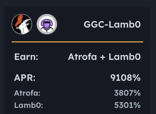 Atrofarm17023's tweet photo. Maxi $GOAT action with our first dual rewards pool. You can now stake $GGC / $lamb0 LP and earn $Atrofa and $lamb0 tokens!

lamb0 rewards will be distributed over 60 days!

Thanks to the @pulselamb0 team!

$MEGA $pTGC $Atropa $BEAR $pDai #PulseChain $HEX https://t.co/AiysWJeC53