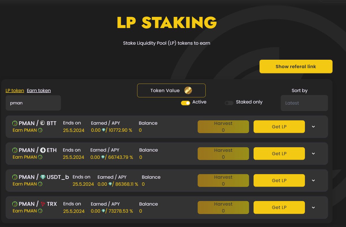 #PMAN staking is live enjoy up to 86,368% APY in 4 different Liquidity Pools. 

The 5% staking fee will burned 🔥🔥 at the end of the staking. 

btt.intercroneswap.com/stake