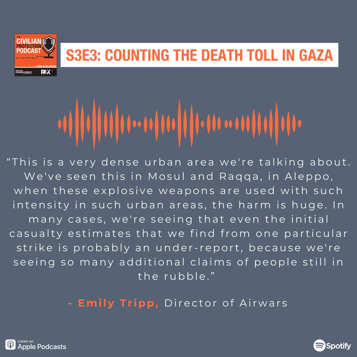 ProtectionPod's tweet image. The use of explosive weapons in densely populated areas like #Gaza inevitably results in devastating civilian harm.

In S3E3, @Emily_4319 discusses @airwars' civilian casualty monitoring in Gaza and the immense harm wrought by explosive weapons there.

🎧: open.spotify.com/episode/3YJtFr…