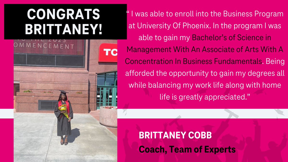 🎓Check out this amazing accomplishment using T-Mobile's tuition program! Brittaney balanced work, home life, AND being a new mom while earning her degree. Investing in your future self is ALWAYS the answer. #WeBuildCareers🚀