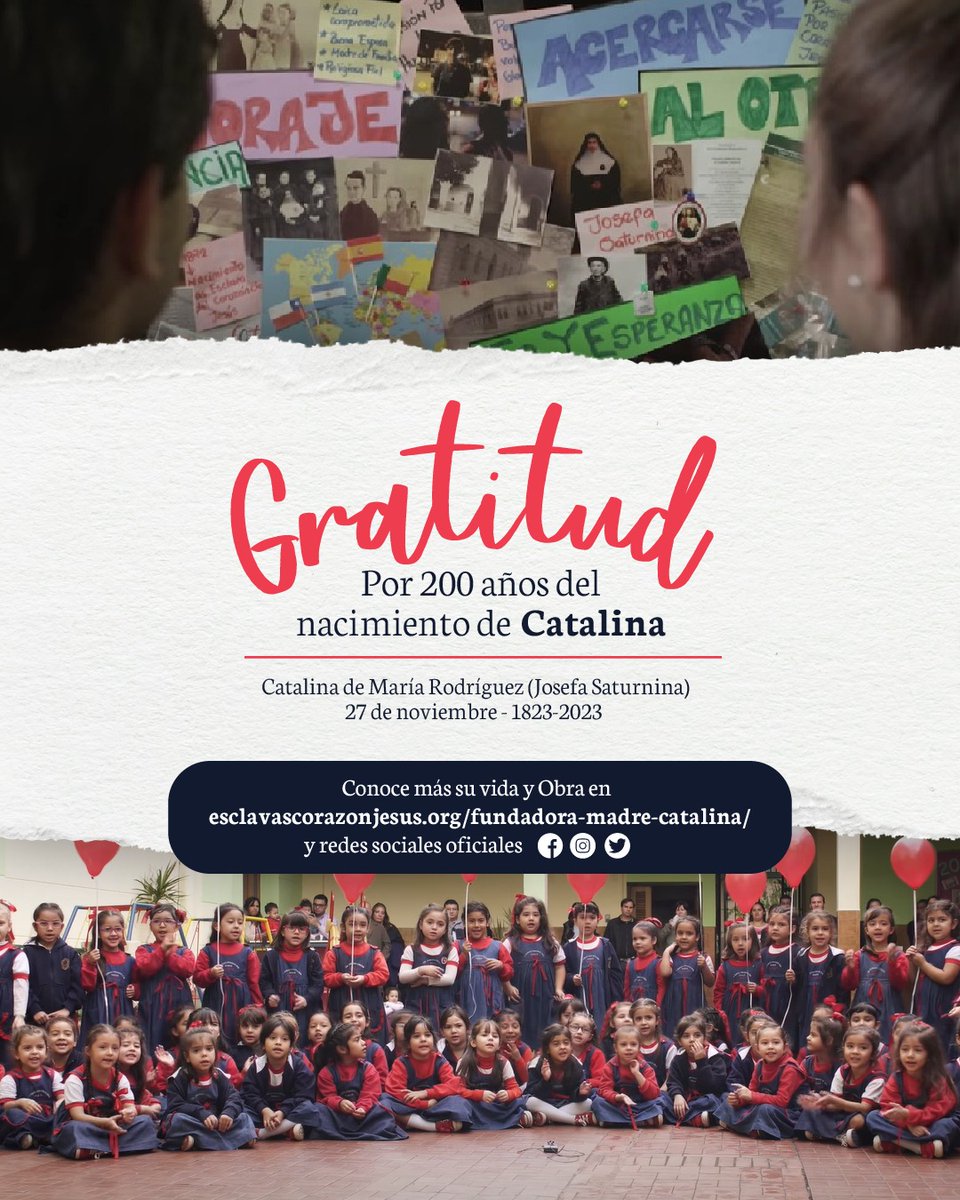 ¡Feliz cumpleaños Madre Catalina! 🎂

Hoy, 27 de Noviembre celebramos el aniversario de nacimiento de Catalina de María Rodríguez (Josefa Saturnina), nuestra madre fundadora, la que nos guía con su huella en el camino de la misión al llamado de Jesús. 🌟