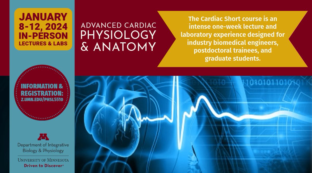 Sign up today for the Cardiac Short course! An intense one-week lecture/lab experience designed for industry biomedical engineers, postdoctoral trainees, and grad students. z.umn.edu/phsl5510 @UMN_IBP