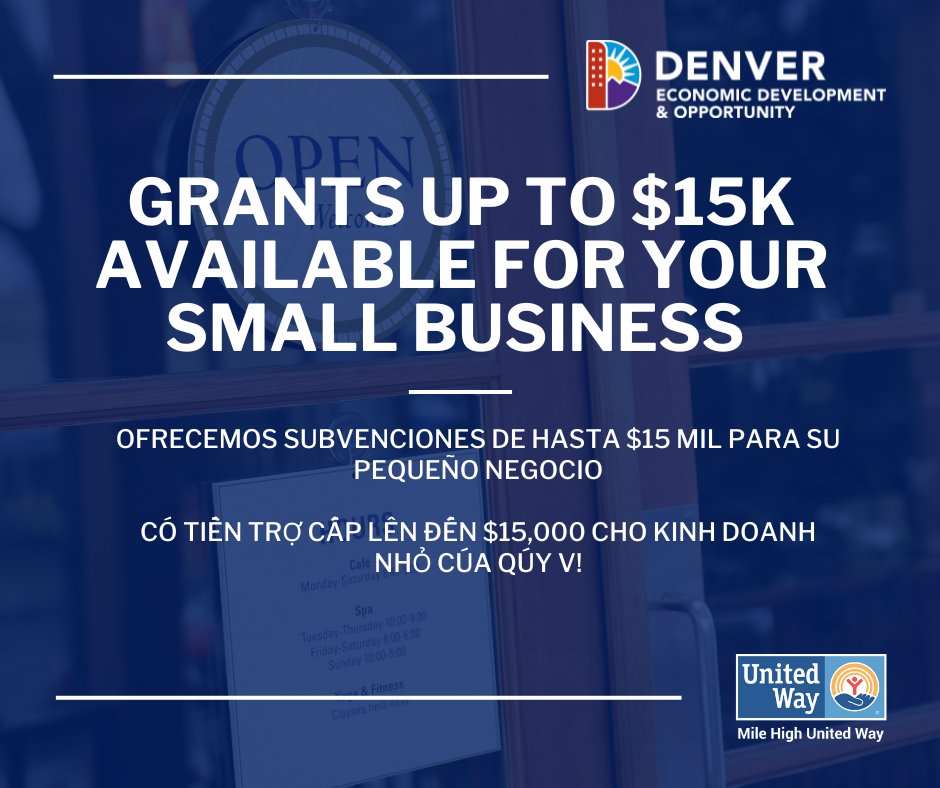 DenverOED's tweet photo. Time to act! Denver Economic Development & Opportunity, in partnership with @UnitedWayDenver, has opened applications for another round of funding for #localsmallbusinesses with grants up to $15,000. The deadline to apply is December 14th.
Learn more: https://t.co/4dt5kwONWK https://t.co/G6Jtnlyp8s