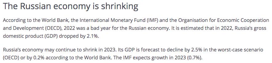 Segundo a Comissão Europeia, a 12 de Outubro de 2023, "a economia russa está a encolher" e pode encolher mesmo até 2,5%.

A Comissão Europeia continua a usar dados que não o são - eram projecções e desejos de 2022.

O problema é que depois vem a realidade e, há dias, a Rússia