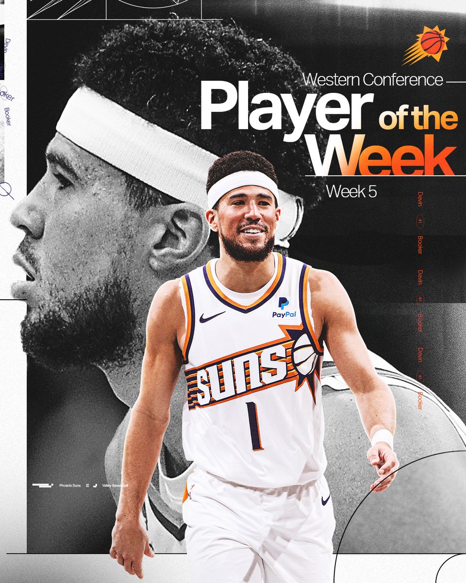 Suns's tweet image. Your Western Conference Player of the Week!

☄️ 30.3 PPG
☄️ 7.8 APG
☄️ 5.3 RPG
☄️ 1.5 SPG
☄️ 4-0 Record

Book's 8th-career POTW honor, the most in franchise history 👏