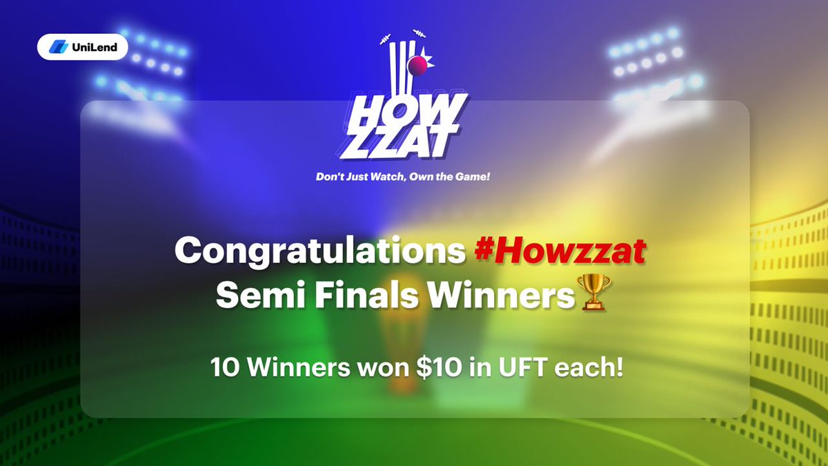 gvizor's tweet photo. Congratulations to #Howzzat Semi-Final Round🏆
💫To celebrate the Cricket World Cup, we launched cricket team fan tokens on UniLend V2 testnet for lending & borrowing!
🏏10 Winners won $10 in $UFT each as rewards https://t.co/iUsEW7ZAWo