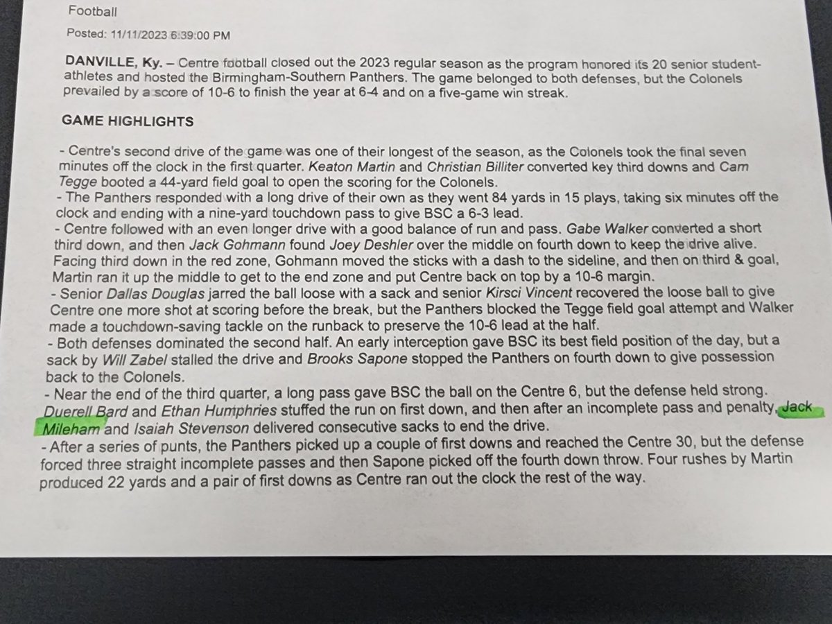 <a href="/CentreFootball/">Centre College Football</a> 
This was an awesome thing to find in my mailbox today!!!
Thank you, and no surprise <a href="/JackMileham1/">Jack Mileham</a>!! Keep up the great work, we are all proud of you!!!
#GoWarriors!!!!