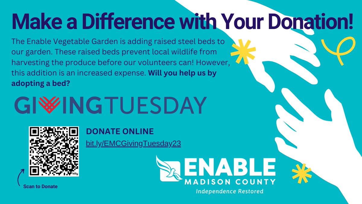 #GivingTuesday is tomorrow! Help Enable provide fresh, nutritious produce to our aging &amp; homebound neighbors. We are raising money to install raised beds in our Garden. This is an increased expense but essential to keep out local wildlife!  Start Now. bit.ly/EMCAdoptABed!