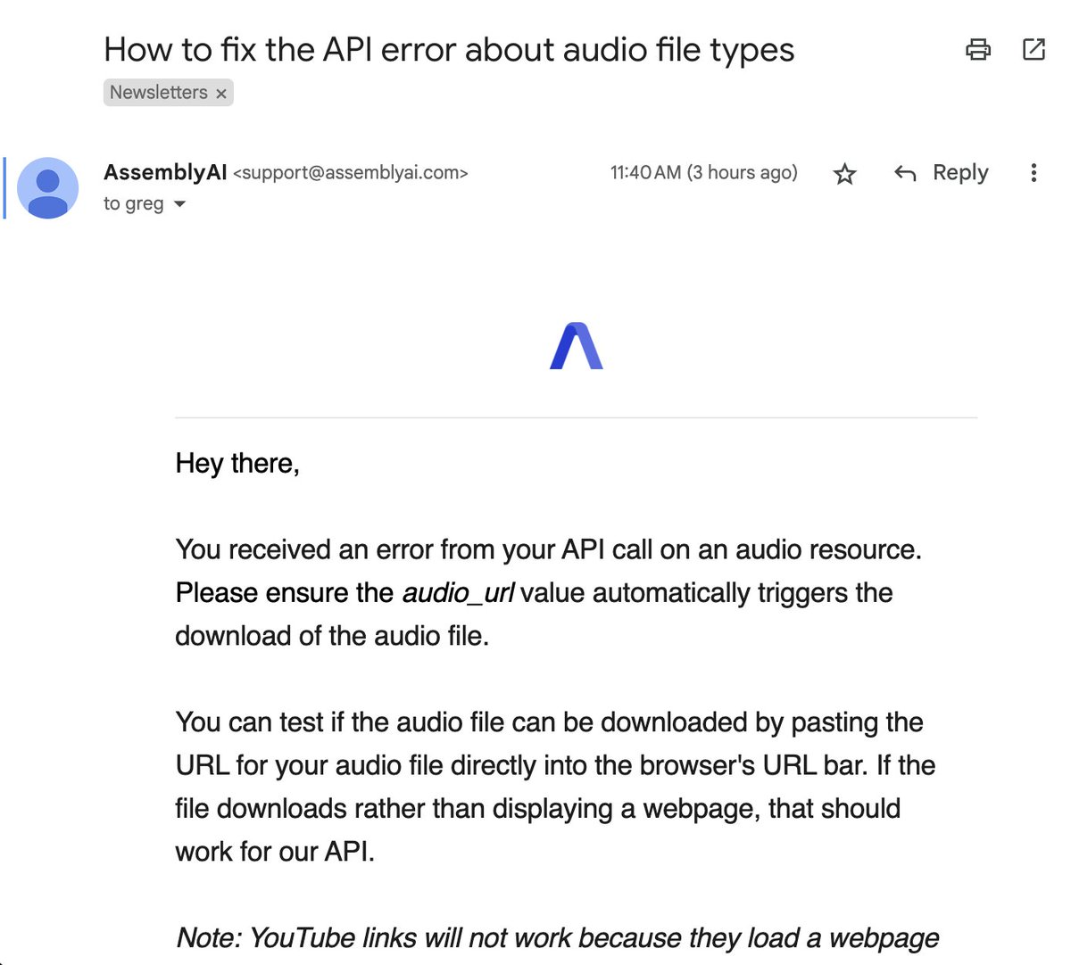 Greg Baugues (@greggyb) on Twitter photo One of the smartest emails I've seen from an API company:
"We saw you had an error. Here's how to fix it."
Well done <a href="/AssemblyAI/">AssemblyAI</a> One of the smartest emails I've seen from an API company:
"We saw you had an error. Here's how to fix it."
Well done <a href="/AssemblyAI/">AssemblyAI</a>