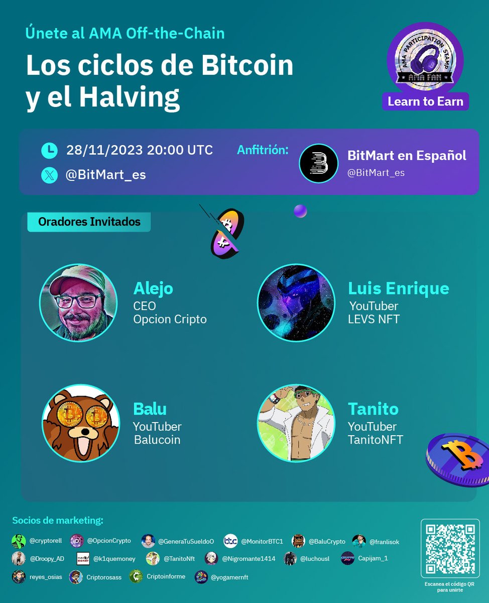🌐¡No te pierdas nuestro próximo #AMA!🚀

👉𝗛𝗮𝗹𝘃𝗶𝗻𝗴 &amp; 𝗟𝗼𝘀 𝗖𝗶𝗰𝗹𝗼𝘀 𝗱𝗲 #𝗕𝗶𝘁𝗰𝗼𝗶𝗻👈​

📅28/11 - 20:00 UTC

🔥SORTEO DE 200 $USDT en Bonos de #Trading🔥
Like + RT + UID en los comentarios✍️

🎙️Speakers: <a href="/BaluCrypto/">Balu</a>  - <a href="/OpcionCrypto/">Opción Crypto</a> - @Levs_021 - <a href="/TanitoNft/">Tanito</a>