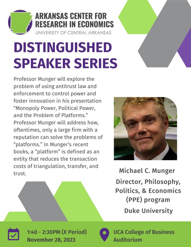 ACRE's final guest speaker this semester will be Dr. Michael Munger <a href="/mungowitz/">Michael Munger 🏖️🔪👨‍🍳</a> from Duke's PPE program. His talk tomorrow at 1:40pm in the <a href="/UCABusiness/">UCA College of Business</a> auditorium is open to the public.

You don't want to miss Munger!
