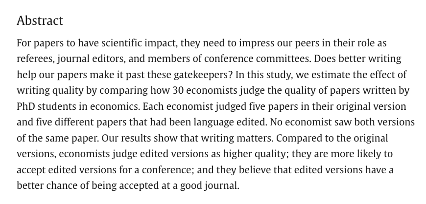 Is better writing rewarded in peer review? Our newly published suggests the answer is “Yes”! doi.org/10.1016/j.jebo… #EconTwitter 🧵 1/7