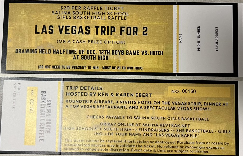 SalinaSouthGBB's tweet photo. Our girls are selling raffle tickets for a Trip for Two to Las Vegas!

See any girls basketball player to buy yours! They will also be available to purchase at home games at the ticket tables. https://t.co/S2ZMmlgUsu