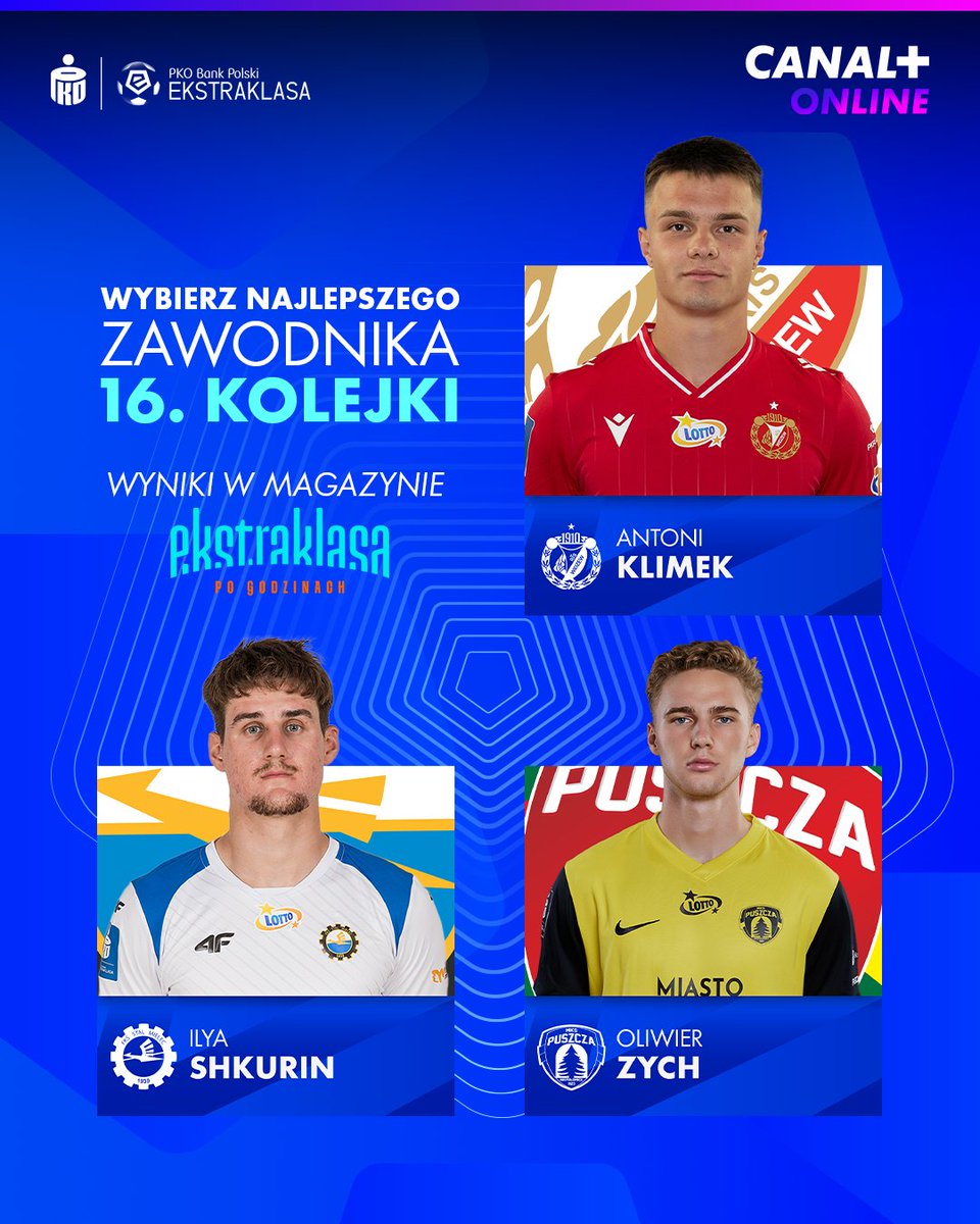 CANALPLUS_SPORT's tweet photo. 16. kolejka za nami, czas wybrać najlepszego piłkarza tej serii gier! ⚽
Nominowani poniżej, głosujemy do 21:45 w ankiecie w odpowiedzi na ten wpis 👇
📺 Wyniki tradycyjnie w Ekstraklasie #PoGodzinach - oglądajcie w CANAL+ SPORT i CANAL+ online: https://t.co/Dacm2GZGSl https://t.co/OehJvJmgOU