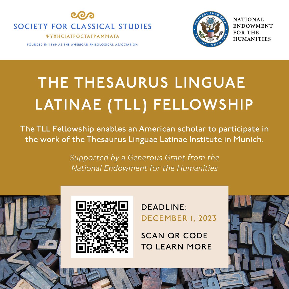 Upcoming Deadlines! Two SCS grants &amp; fellowships have application deadlines this week. Fri Dec 1: Thesaurus Linguae Latinae (TLL) Fellowship, and Thurs Nov 30: Rudolph Masciantonio Grants for K-12 Educators. For application guidelines, visit: classicalstudies.org/awards-and-fel…