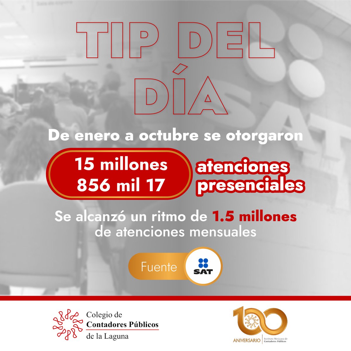 #Atenciones2023
De enero a octubre se brindaron 15 millones 856 mil 17 atenciones presenciales a contribuyentes. La entrega de constancias, sala de internet y e.firma para personas físicas, fueron los servicios más solicitados en octubre.

📈 Fuente: SAT México