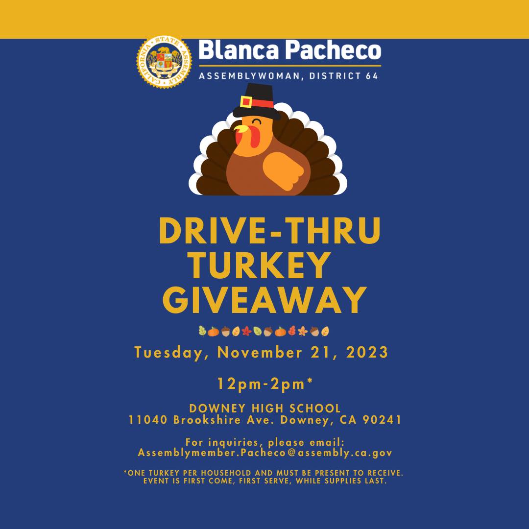 bellgardenscity's tweet image. 🦃Drive-Thru Turkey Giveaway
 Join Assemblywoman Blanca Pacheco for the Turkey Giveaway in collaboration with Community Family Guidance Center at Downey High School on Tuesday, November 21, 2023 at 12pm for a chance to receive a free frozen turkey. 
@AsmPacheco @CFGCenter #AD64