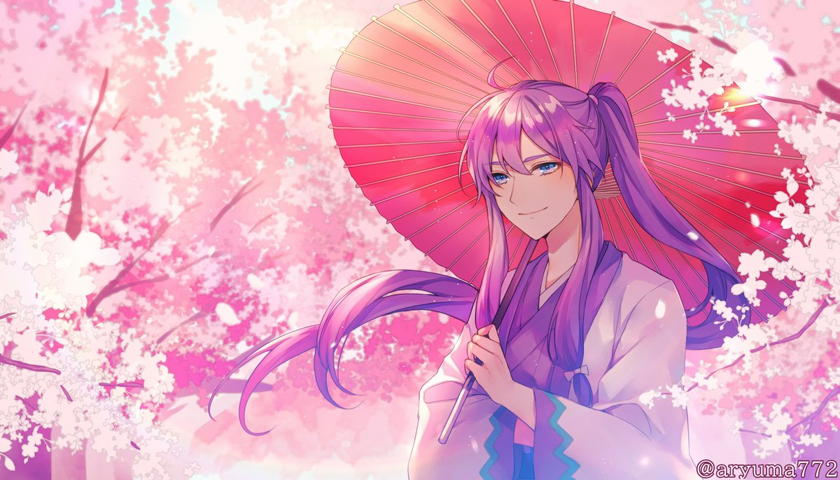 kamui gakupo 1boy male focus umbrella purple hair long hair japanese clothes cherry blossoms  illustration images