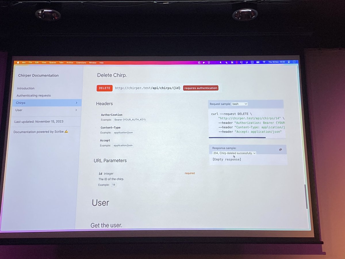 Interesting talk about using Scribe to generate API docs via annotations. Annotations are a bit messy visually, and have to be maintained manually. Also API version stability could be a problem … #laracon #laraconau