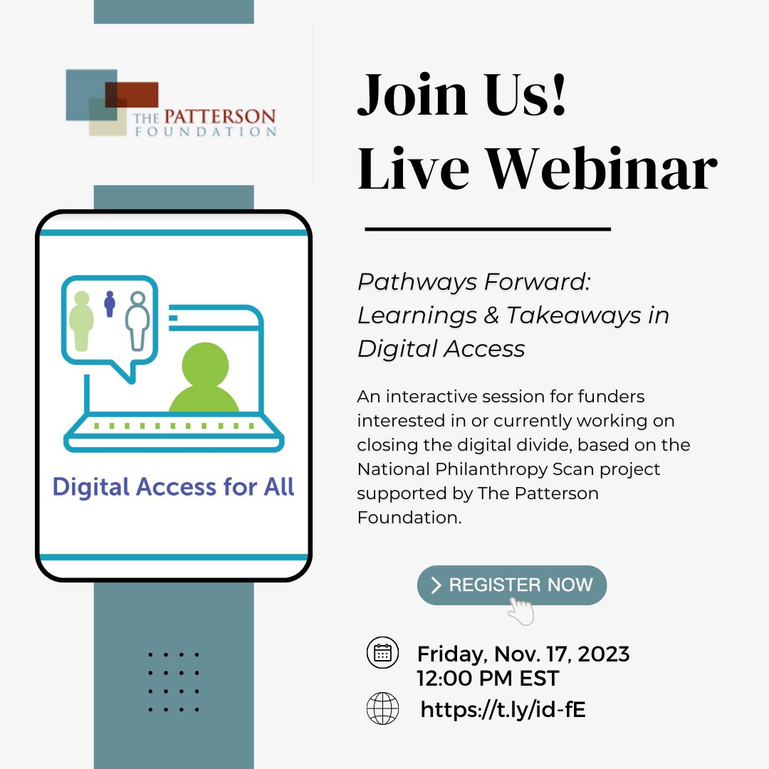 Maribel Martinez Consulting (@mmartconsult) on Twitter photo In 1 hour join us and <a href="/ThePattersonFdn/">The Patterson Foundation</a> for actionable takeaways for #funders on all things #digitaldivide! #digitalequity #digitalinclusion #DigitalAccess4All In 1 hour join us and <a href="/ThePattersonFdn/">The Patterson Foundation</a> for actionable takeaways for #funders on all things #digitaldivide! #digitalequity #digitalinclusion #DigitalAccess4All