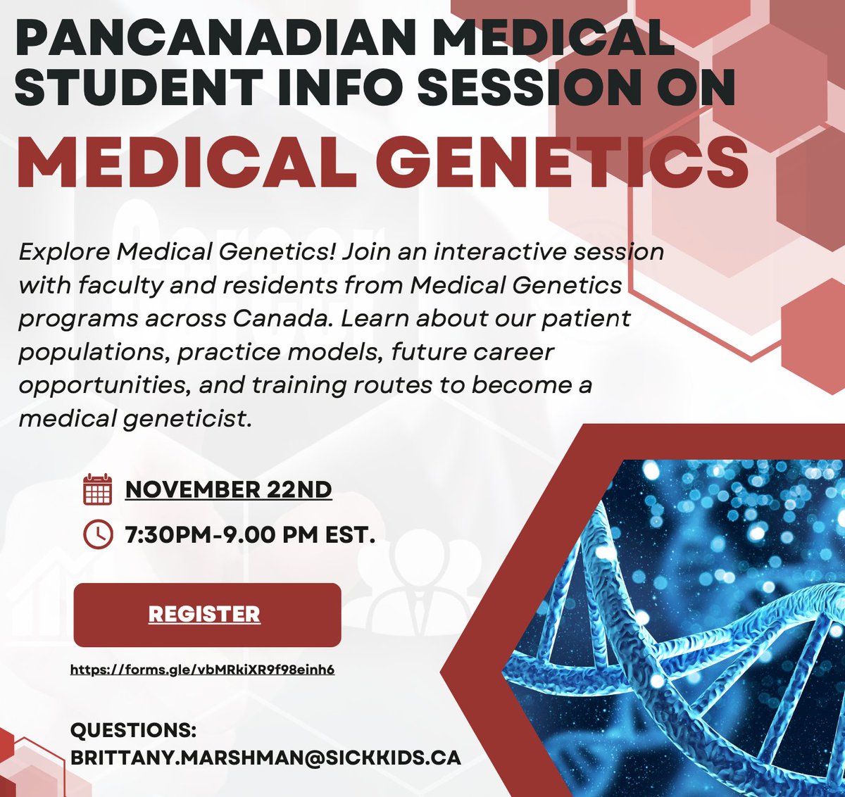 It’s CaRMS season! Are you a med student interested in learning about training to be a Medical Geneticist? Register for our info session on Wed November 22 730-9:00 EST, where all 7 🇨🇦 #medgen Residency programs will be there to answer Qs! 
Register HERE:  tinyurl.com/22m65c9d
