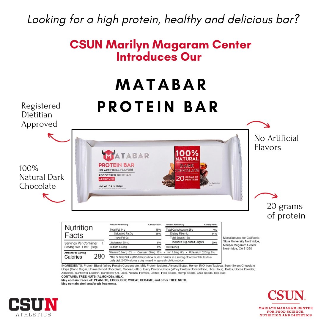 MagaramCenter's tweet photo. The CSUN Marilyn Magaram Center proudly introduces our Matabar Protein Bar.  Check out this post to see how you can purchase this delicious bar! 

For any questions please contact the Marilyn Magaram
Center at (818) 677-3102 or
magaram.center@csun.edu. https://t.co/UNQ3tTkZwW
