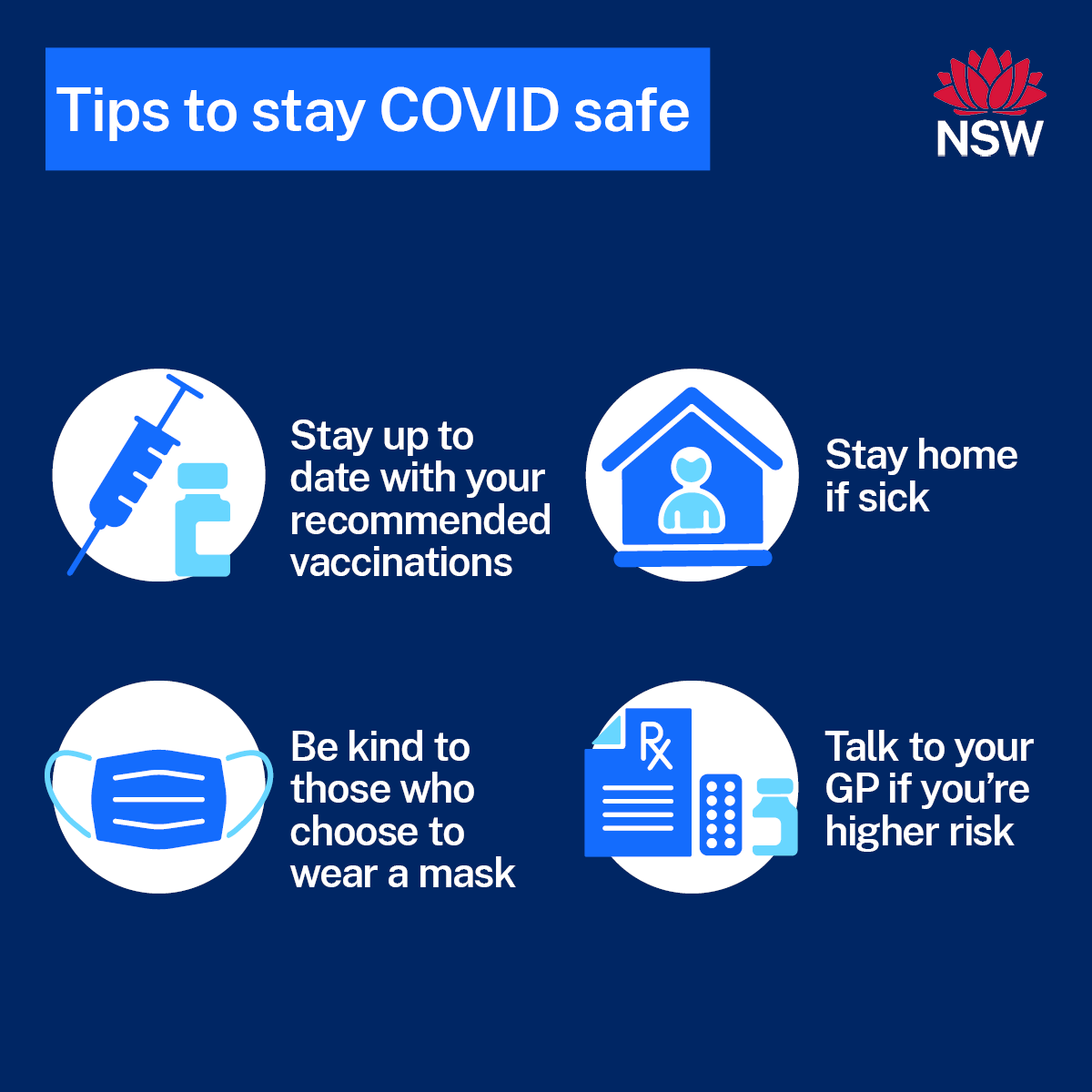 COVID-19 transmission continues to increase in NSW, with community transmission now moderate to high. Do you need to refresh your COVID-safe behaviours to stop the spread of illness and protect others?