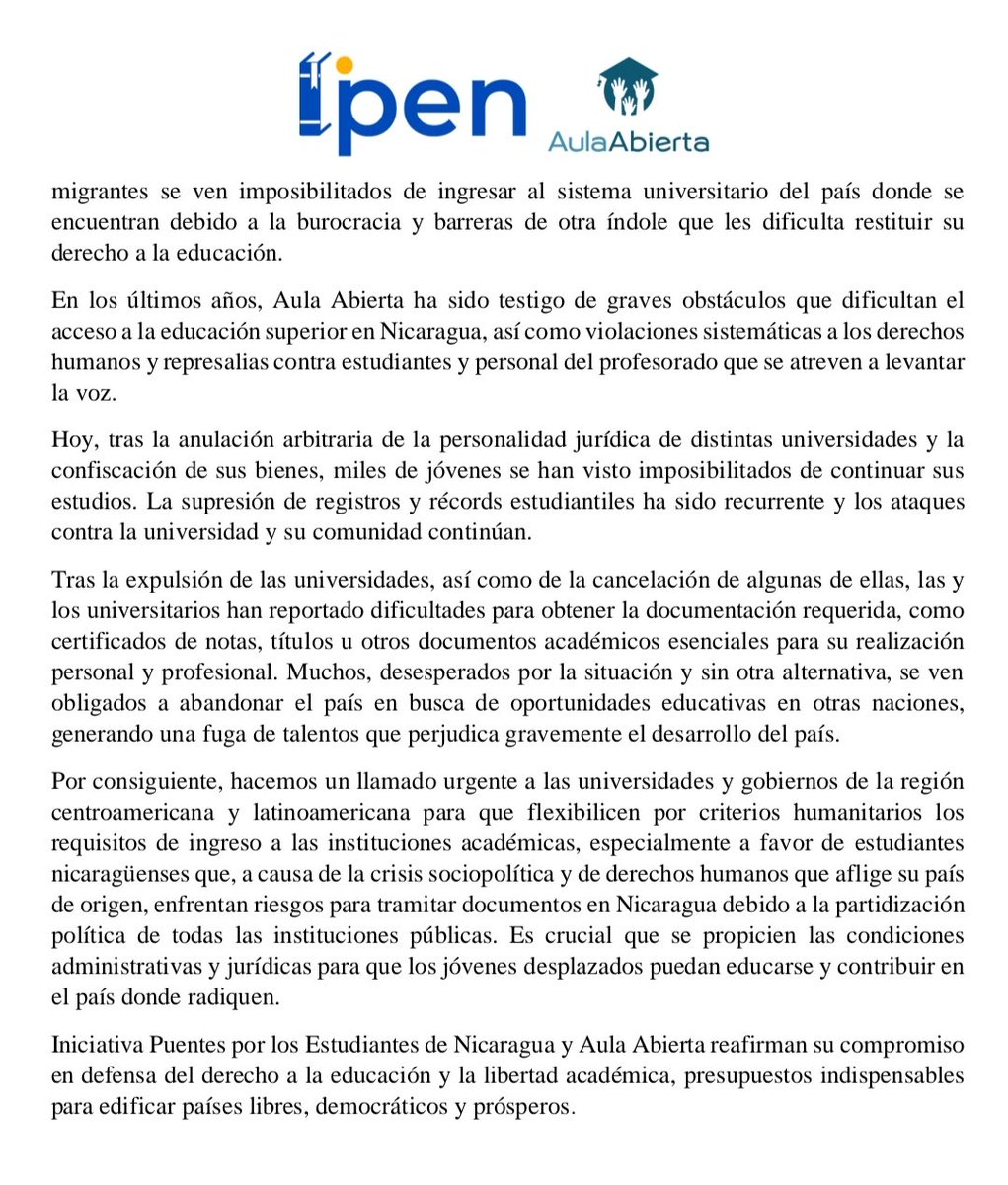 ipuentestnic's tweet photo. #NotaDePrensa

Confiscaciones arbitrarias:
universidades en Nicaragua bajo asedio del gobierno

En Nicaragua, las universidades se encuentran bajo un constante asedio por parte del gobierno de Daniel Ortega

Lee y comparte esta nota para alzar la voz una vez más
@AulaAbiertaLA https://t.co/9cQ9VUM5Gr