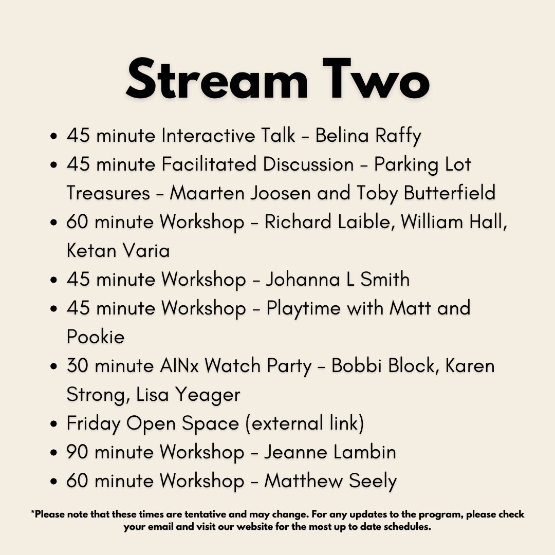 AINNetwork's tweet image. Our conference is about to kick-off! Check out our program, with our stream channels, and see which sessions peak your interest! 👀 

appliedimprovisationnetwork.org/sustainability…