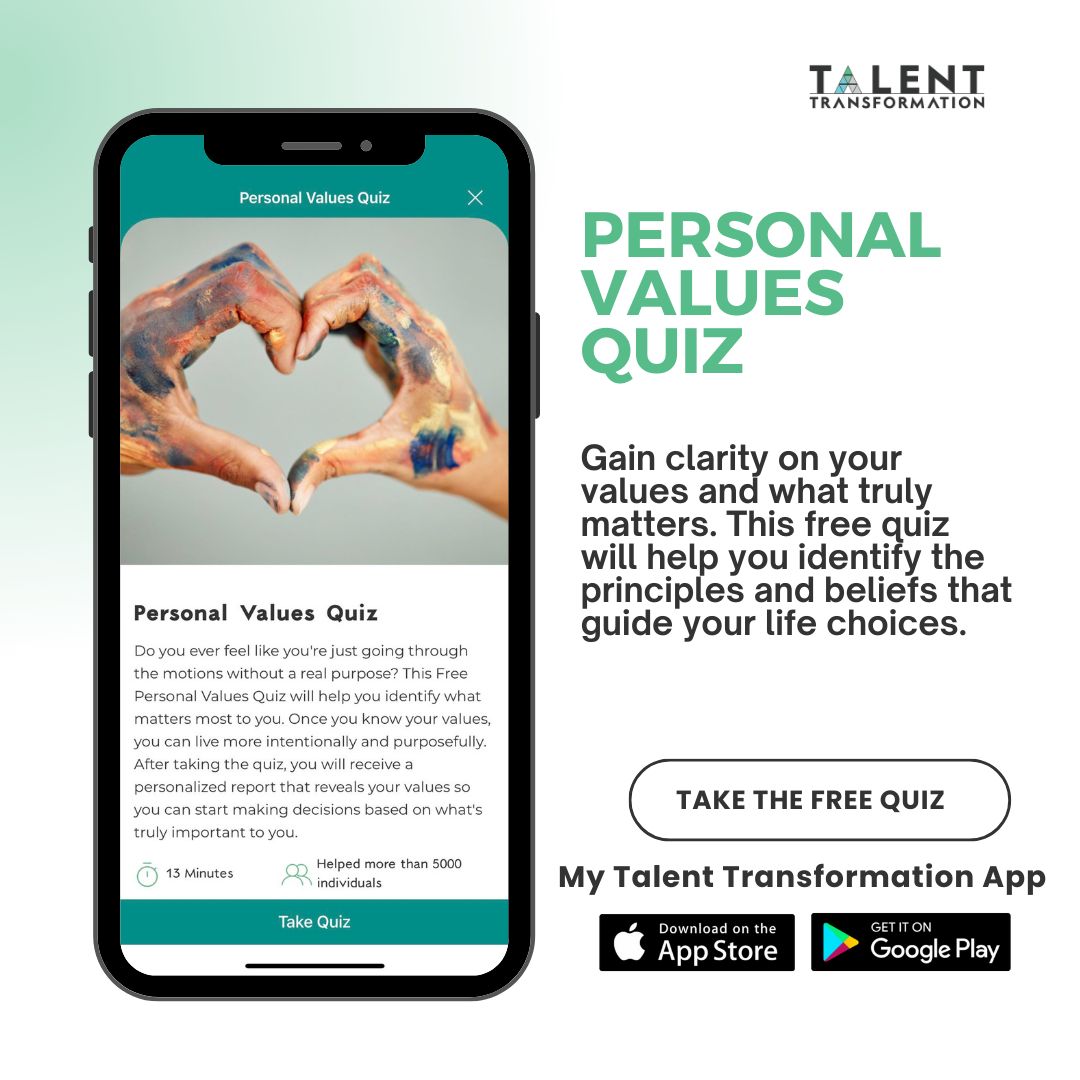Our FREE quizzes will help you increase your self-awareness by giving you a deeper understanding of yourself and help you on your journey to self-care and personal growth.

Download the My Talent Transformation app today!
#personalgrowthanddevelopment
#lifesatisfaction