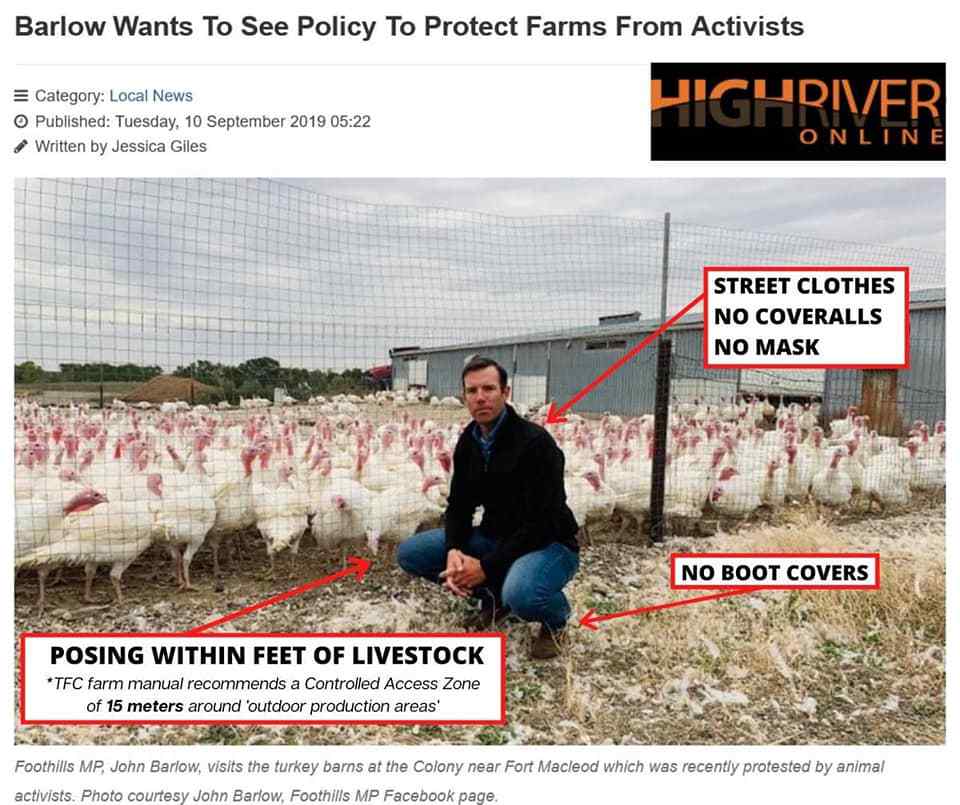 Conservative MP John Barlow introduced federal ag-gag Bill C-275 claiming animal advocates are the biggest biosecurity threat to animal ag.

Meanwhile, he gets a newspaper photo of himself breaking almost every biosecurity protocol at a farm he's visiting

#StopAgGagLaws #cdnpoli