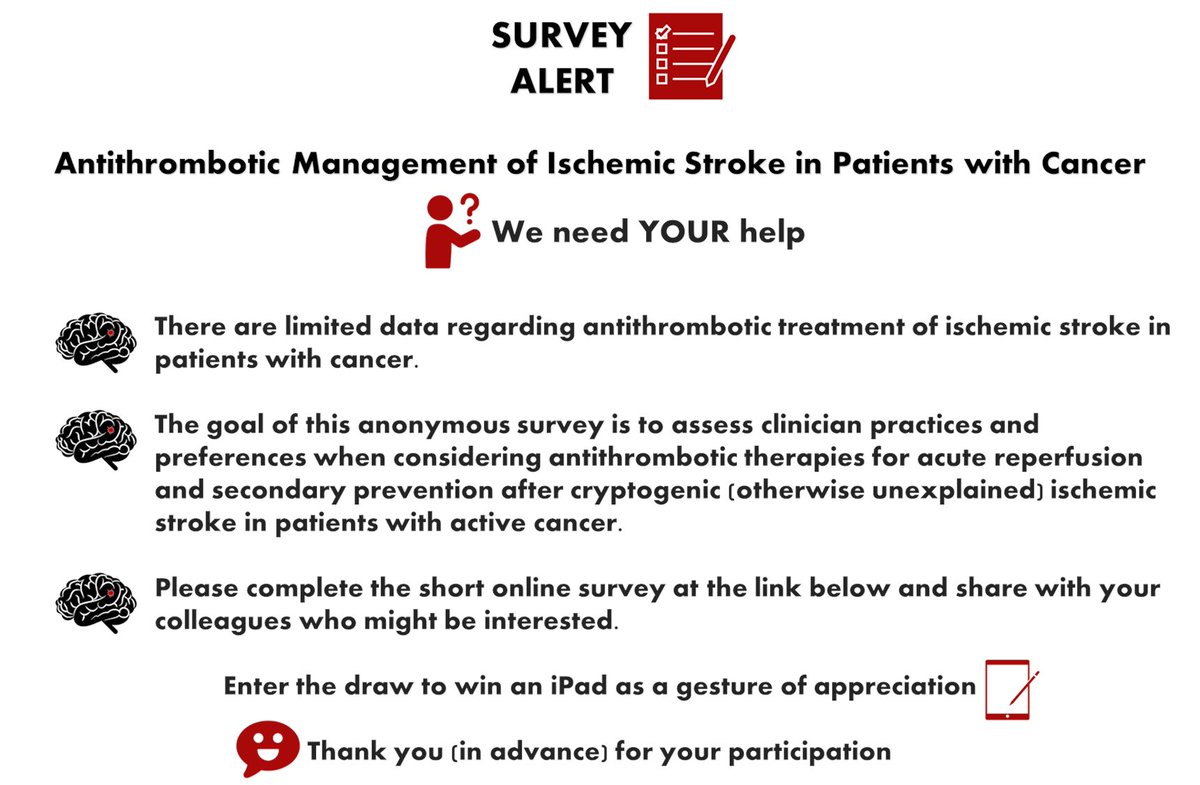 DebSiegal's tweet photo. Got 5 minutes to spare? Last chance to take our survey about antithrombotic treatment of stroke in people with cancer. Have your say and help us narrow this knowledge gap. 

You could win an iPad!

Click on this survey link to participate:  https://t.co/WS27HsQlmb https://t.co/RjtRK0Enhu