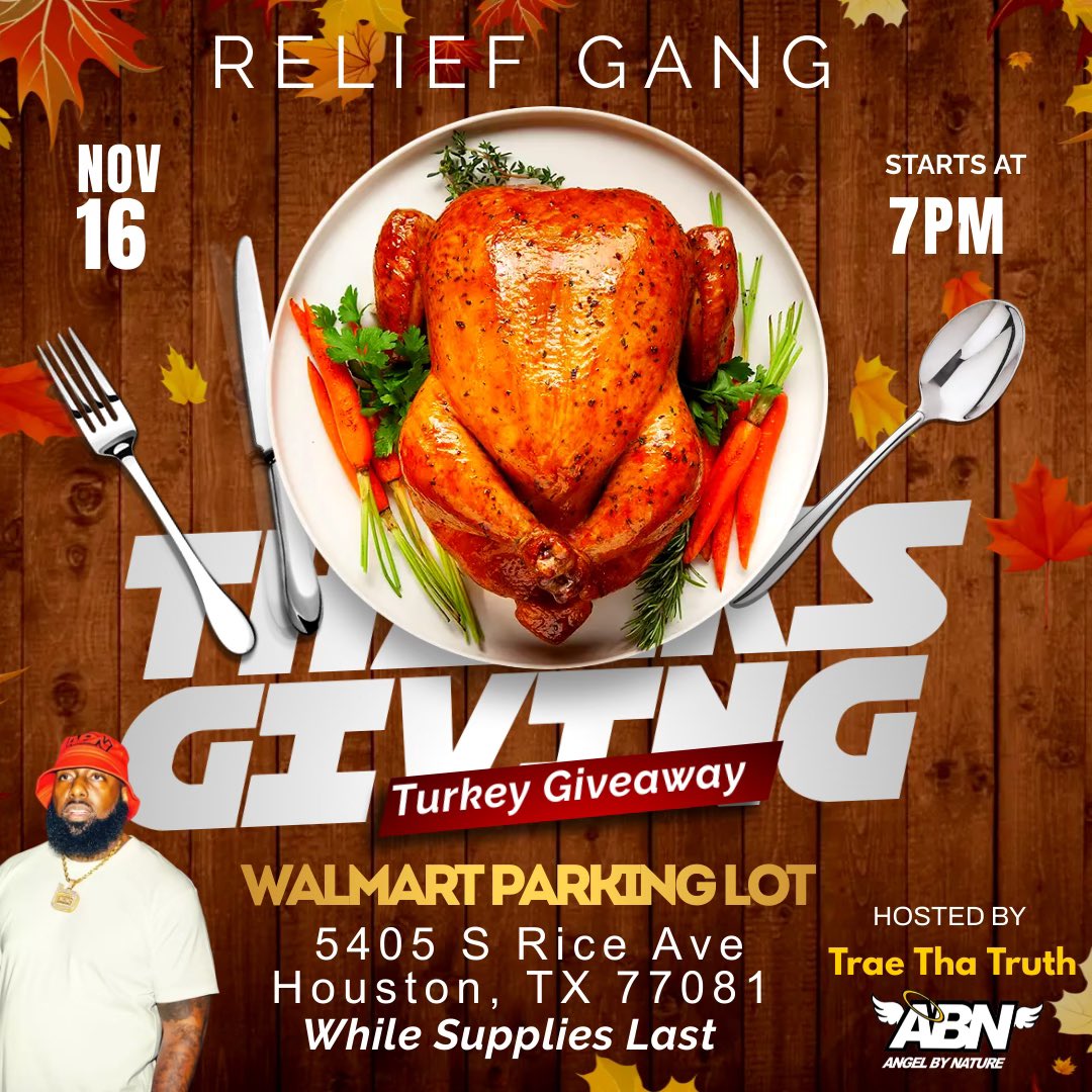Anotha Day Anotha Blessing!! Tomorrow we will be Blessing 100 Families With Turkeys and Sides For tha Holidays!! We will Be at Wal Mart (5405 s. Rice ) at 7pm !! First Come First Get!! See Yall There!! @reliefgang @angelbynatureorg