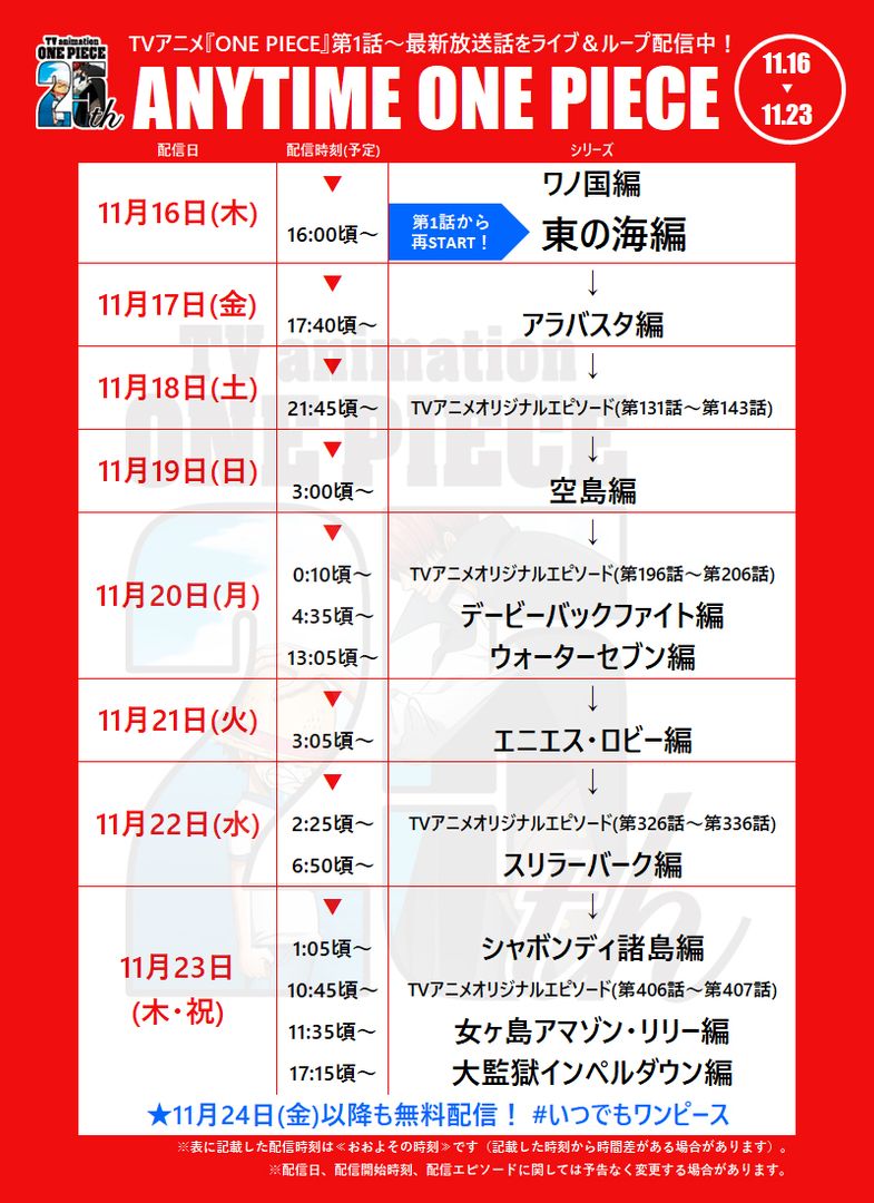 OPcom_info's tweet photo. 【本日16時頃、第1話から再スタート】

TVアニメ『#ONEPIECE』
▼全話ライブ&amp;ループ配信中！
https://t.co/0Zk9U1goO0

「ANYTIME ONE PIECE」
1週間分の配信予定をチェック！
#いつでもワンピース

▼詳細はこちら
https://t.co/MRiGEyDFNR https://t.co/AUc7DdabhM
