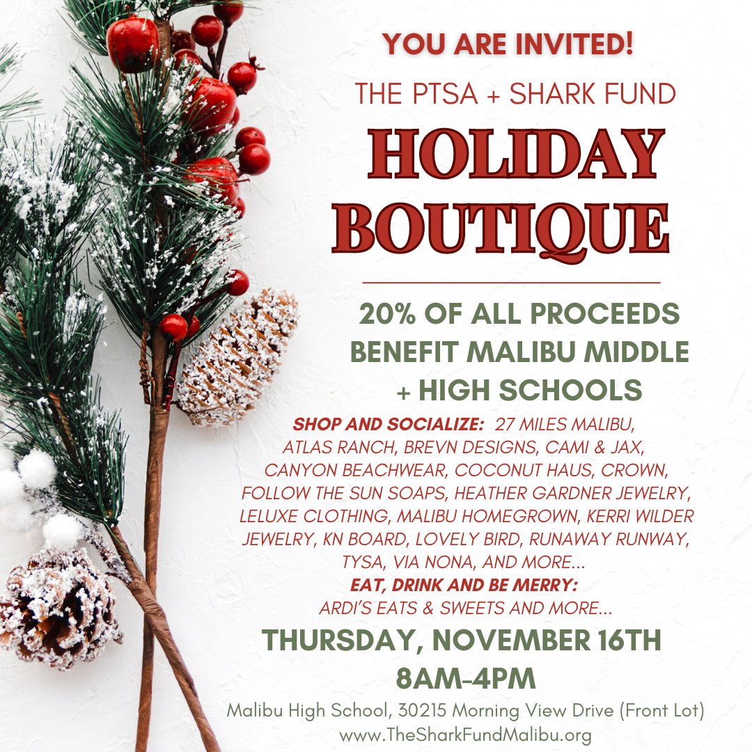 Let's make this holiday season extra special by supporting our schools at the Holiday Boutique *TOMORROW* November 16th. See you there! 🌟🏫❤️ #HolidayJoy #SupportEducation #Malibu