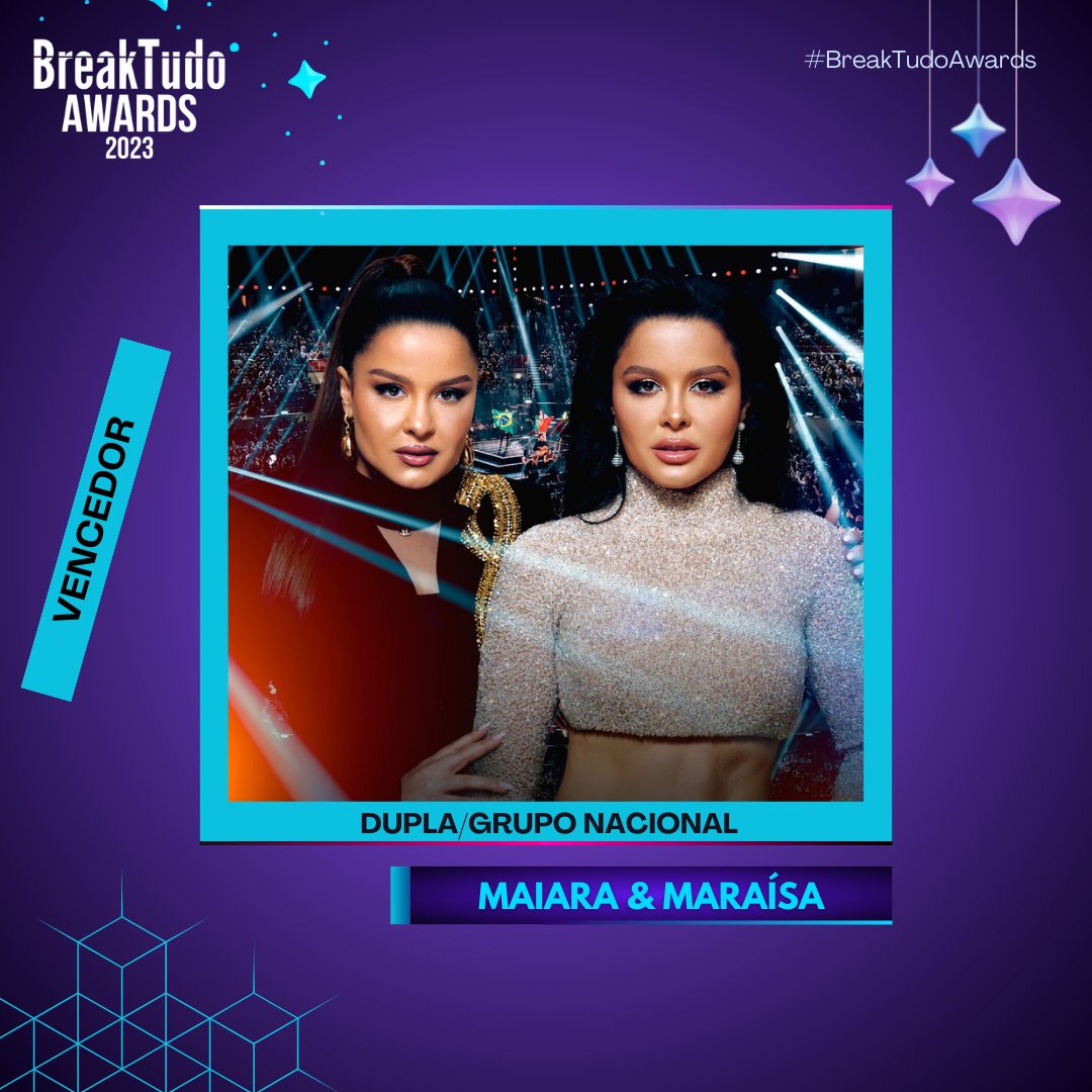 breaktudoawards's tweet photo. Maiara &amp; Maraisa (@MaiaraeMaraisa) levam para casa o prêmio🏆 de Dupla/Grupo Nacional no BreakTudo Awards 2023. Os fãs votaram muito e alcançaram mais essa conquista, parabéns a dupla e aos fãs! 🎉🎊 #BreakTudoAwards https://t.co/XMHgDrNexS