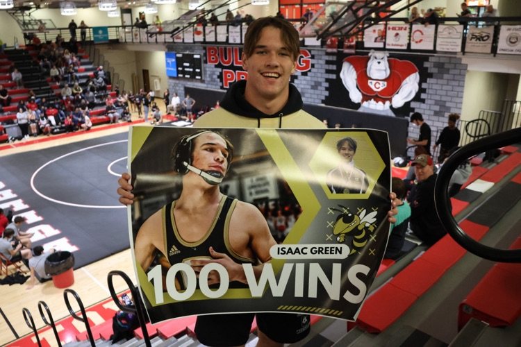 CalhounSchools's tweet photo. CHS senior wrestler Isaac Green dominates the mat, securing his 100th win tonight! Way to go, Isaac! Congratulations on the milestone! 🐝🤼‍♂️ #GoJackets https://t.co/MO7CxlC7i2