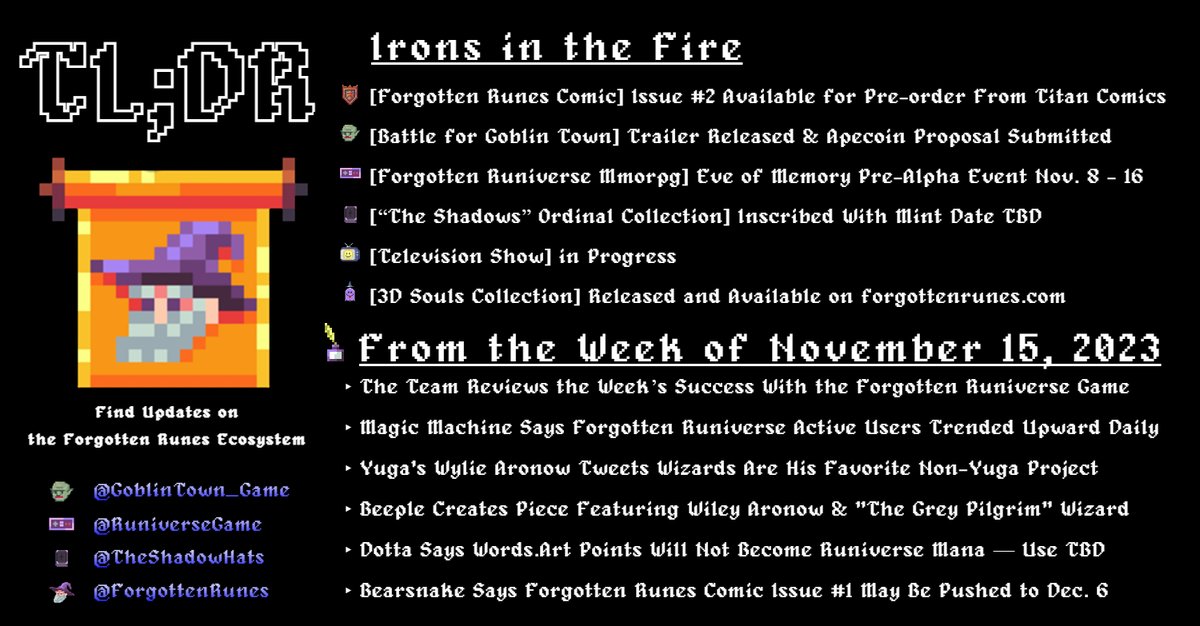 For anyone who couldn't make it to <a href="/forgottenrunes/">Forgotten Runes Wizard's Cult</a> Wizard Wednesday

Full Recap 11/16

See you tomorrow 🔮