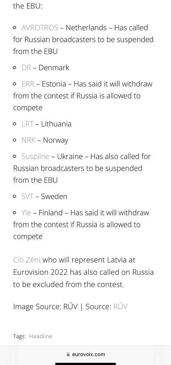 <a href="/solveigoskarsd/">Solveig Óskarsdóttir</a> <a href="/RUVfrettir/">Fréttastofa RÚV</a> <a href="/RUVohf/">RÚV</a> hefur áður tekið afstöðu gegn þátttöku lands og beitt þannig þrýsting á EBU og það bar árangur.