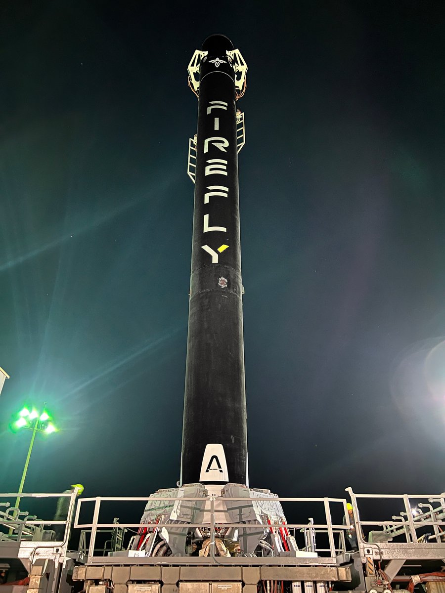 FireflySpace's tweet photo. Just two months after our VICTUS NOX launch, the Firefly crew has completed stage integration and rolled Alpha out to the pad. Stay tuned for more info about flight 4! https://t.co/aB44blwclV