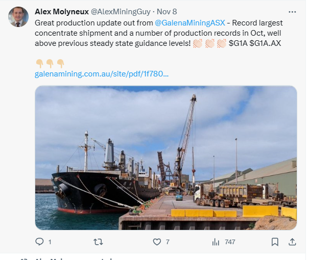 stockswami's tweet photo. Nov 2nd
Alex, the mining guy, Molyneux boasts of buying Galena Mining $G1A #G1A on market @ 0.059c (yearly low)
Nov 8th
Alex boasts of $G1A marketing update
Sp @ 0.073c
Nov 9th
Alex suddenly resigns from $G1A #G1A
(nothing to see here)
@AlexMiningGuy
Now SP 0.083c https://t.co/UPROZb7aVL