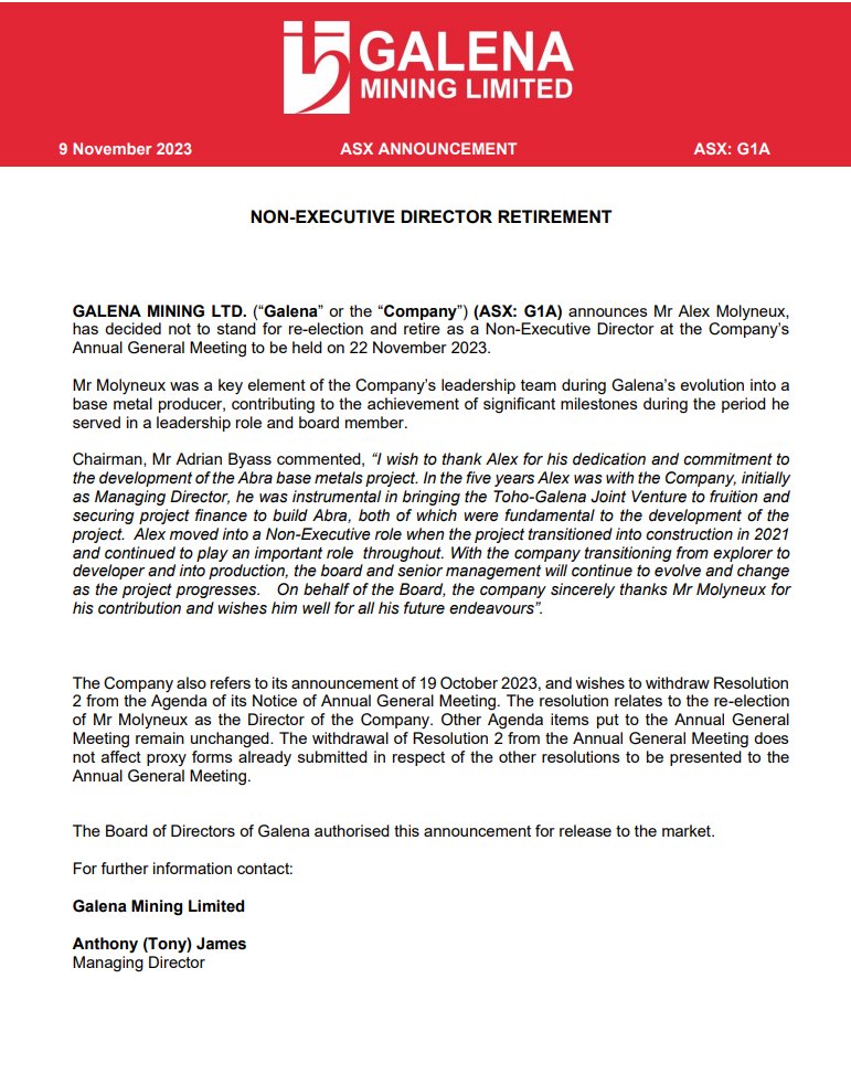 stockswami's tweet photo. Nov 2nd
Alex, the mining guy, Molyneux boasts of buying Galena Mining $G1A #G1A on market @ 0.059c (yearly low)
Nov 8th
Alex boasts of $G1A marketing update
Sp @ 0.073c
Nov 9th
Alex suddenly resigns from $G1A #G1A
(nothing to see here)
@AlexMiningGuy
Now SP 0.083c https://t.co/UPROZb7aVL