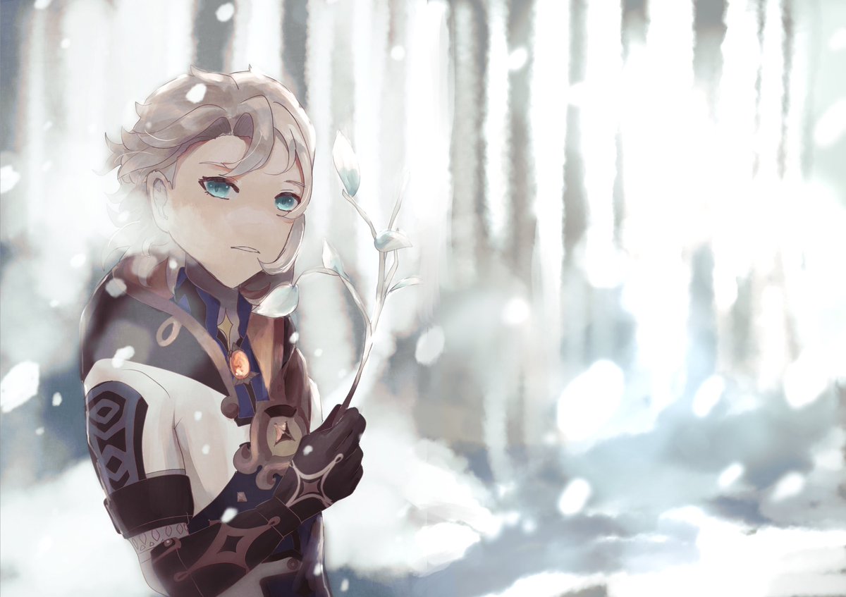 albedo (genshin impact) 1boy male focus solo snow snowing gloves holding  illustration images