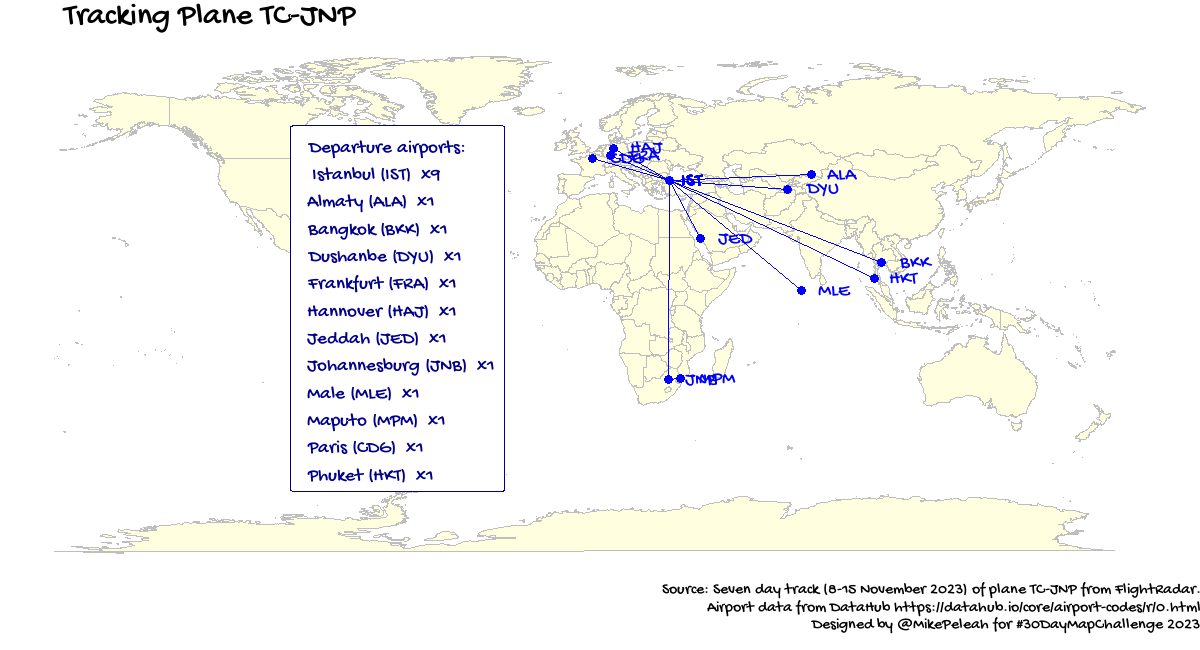 MikePeleah's tweet photo. For the Day 17 Flow #30DayMapChallenge I tracked a ✈ plane TC-JNP, which I took recently. In 7 days it visted 12 airports in Europe, Africa, and Asia #rstats https://t.co/jk4s8kgnDL