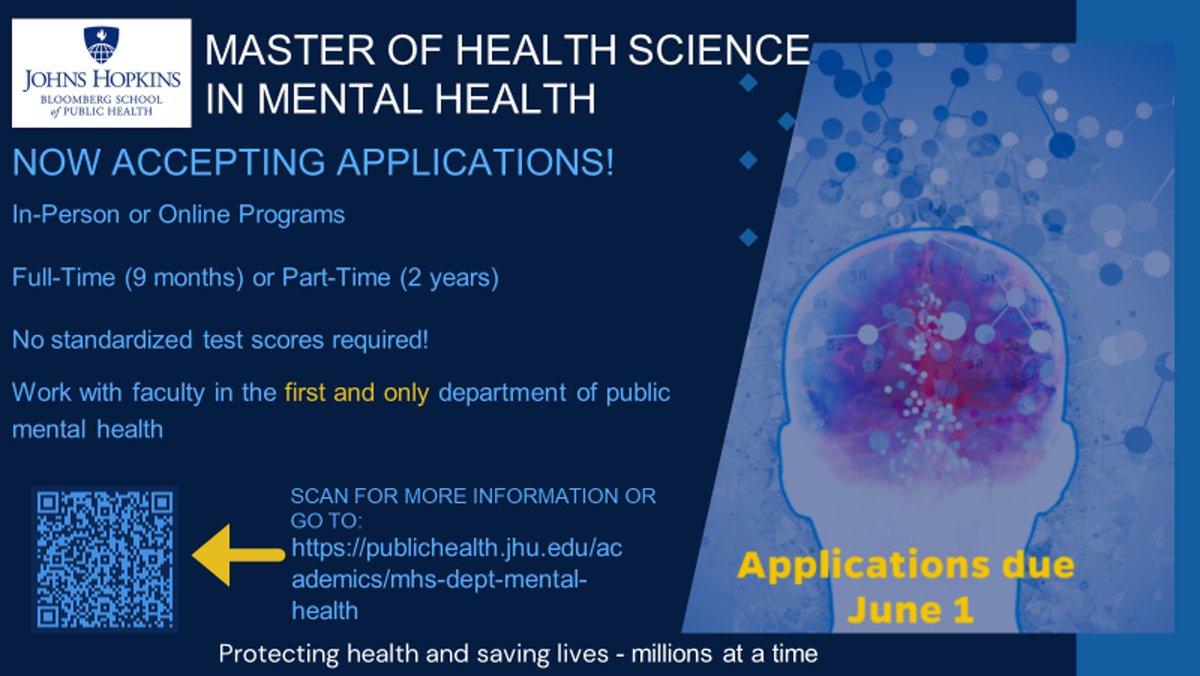 Are you interested in #MentalHealth from a public health perspective?  Come learn about our masters program - in-person and online options/ full-time and part-time <a href="/JohnsHopkinsDMH/">Dept of Mental Health at BSPH</a>