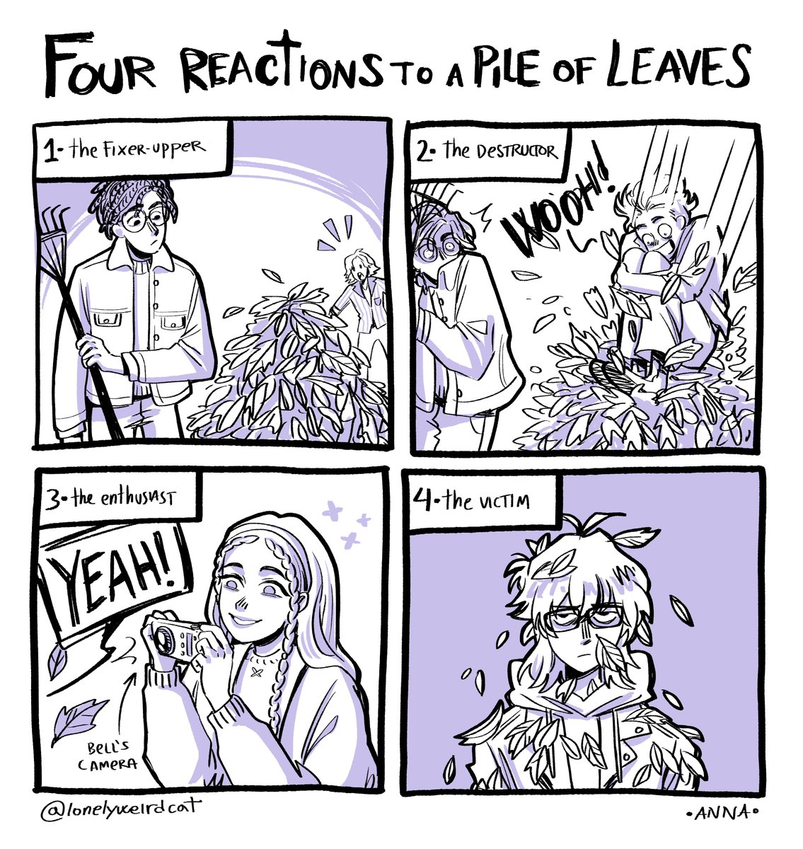 TheHermitsHouse's tweet image. The first Rolling for Romance's spinoff comic has been released! 🎲💙
The four kinds of reactions you'd have to a good ol' traditional leaf pile, and the craziness that follows of course🍂📸
#rollingforromance #diceanddisaster